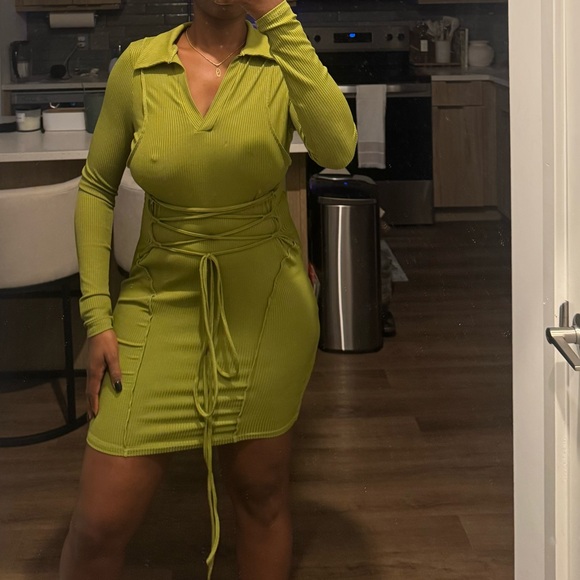 Ribbed Long-Sleeve Wrap Mini Dress in Olive Green - Picture 3 of 3